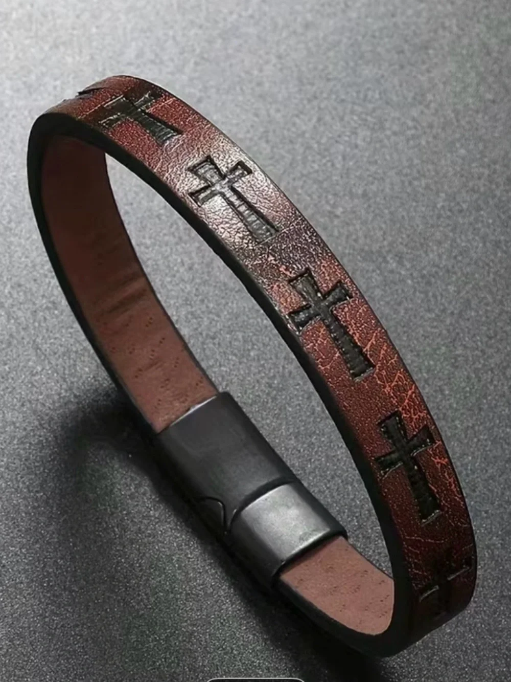 Brown Leather Cross Accent Men's Bracelet